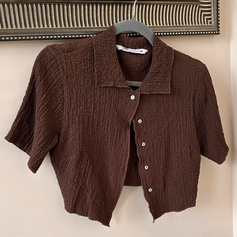 Zara Rust Brown Textured Cropped Button-Up Top